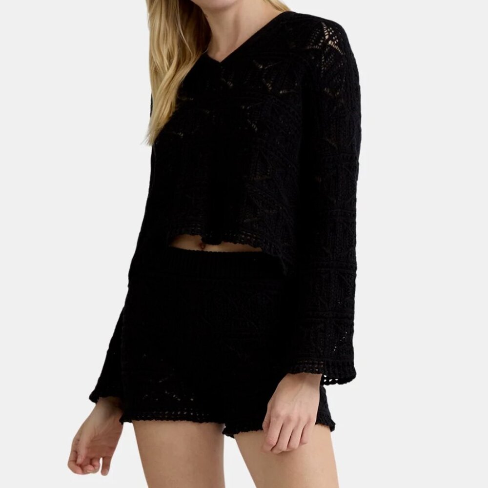 NWT, 100% COTTON Crochet, SZ L (12-14) crop HOODIE, Black